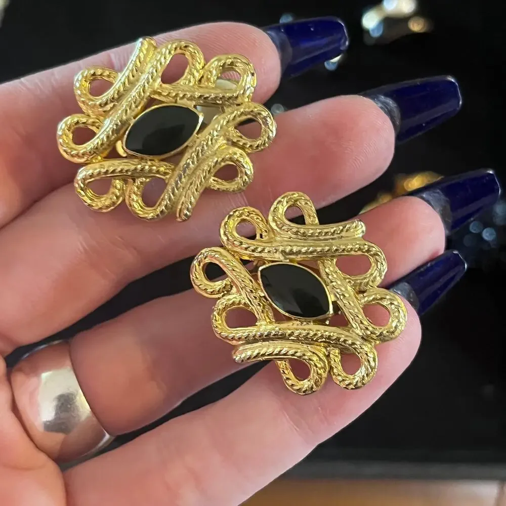 Vintage lot of four gold and black clip on earrings sequin statement enamel
